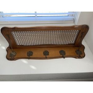 Vintage‎ German STIL Wood Wall Shelf With Coat Hooks Rattan/Cane Shelf READ